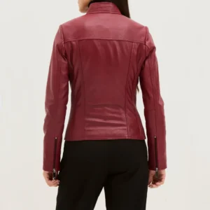 Womens mock collar red leather moto jacket