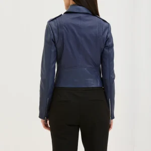 Womens navy biker leather jacket lapel collar