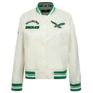 Womens philadelphia eagles retro classic full snap cream satin jacket