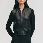 Women's Slim Fit Black Wool & Leather Bomber Jacket