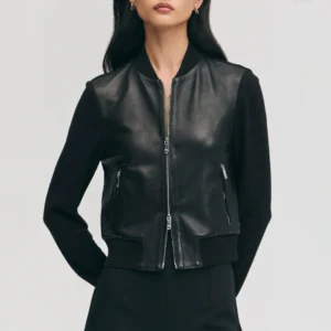 Womens slim fit black wool leather jacket