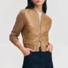 Womens slim fit brown wool leather jacket