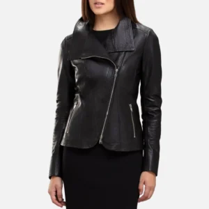 Womens wide collar black leather biker jacket