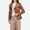 Womens wide collar brown leather biker jacket