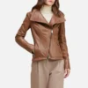 Womens wide collar brown tan leather biker jacket