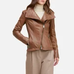 Women's Wide Collar Brown Leather Biker Jacket