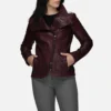 Womens wide collar burgundy leather biker jacket