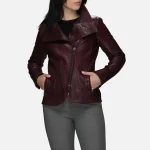Women's Wide Collar Burgundy Leather Biker Jacket