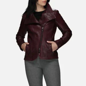 Womens wide collar burgundy leather biker jacket