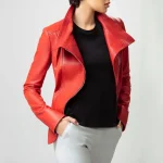 Women's Wide Collar Red Leather Biker Jacket