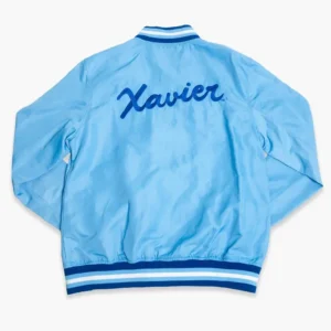 Xavier musketeers vintage logo bomber blue satin varsity jacket 1