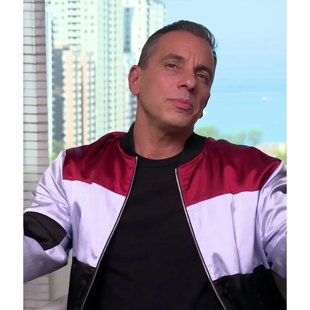 Access daily sebastian maniscalco black satin bomber jacket