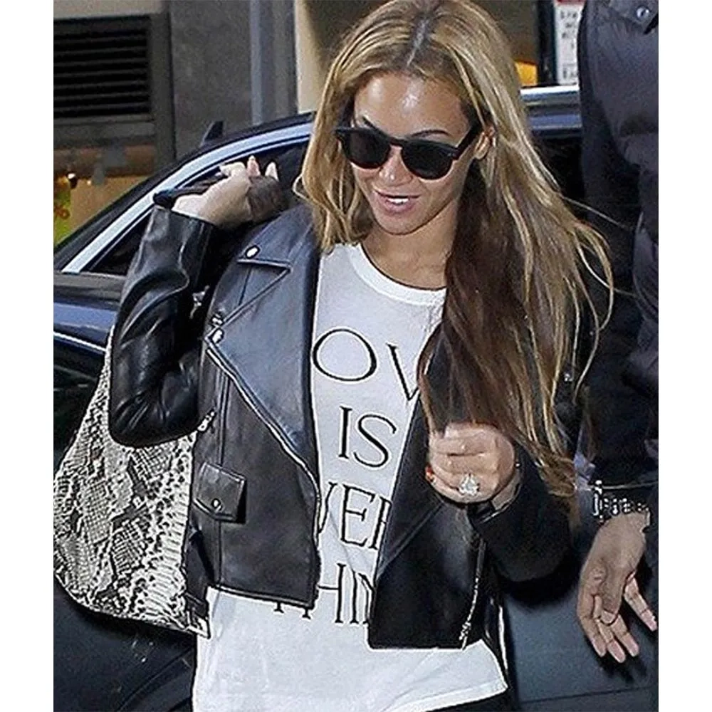 Beyonce black biker cropped leather jacket
