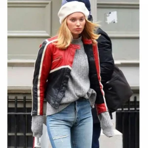 Elsa hosk redblack biker leather jacket