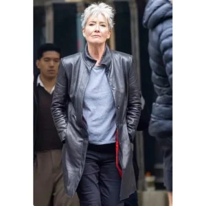 Emma thompson black leather coat