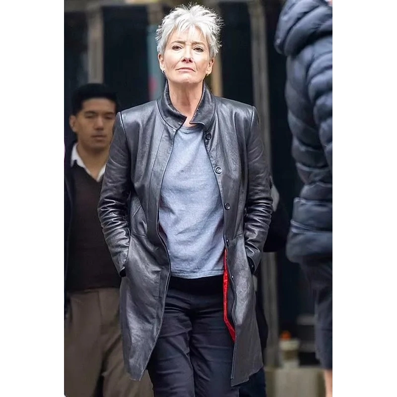 Emma thompson black leather coat