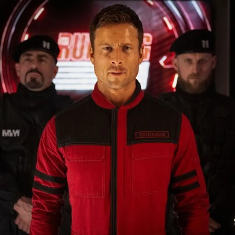 Glen powell the running man jacket red