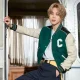 Park jimin green cream woolleather letterman jacket