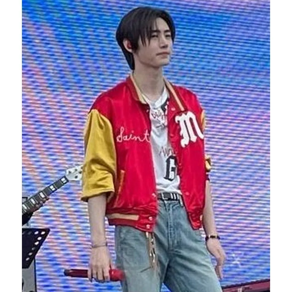 Park sunghoon redyellow satin letterman jacket