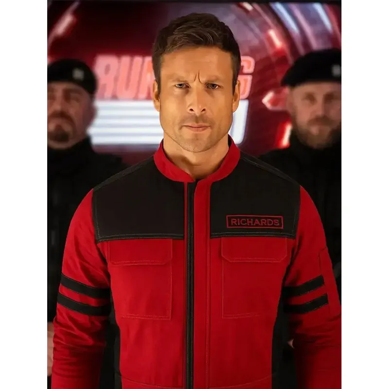 The running man glen powell red jacket