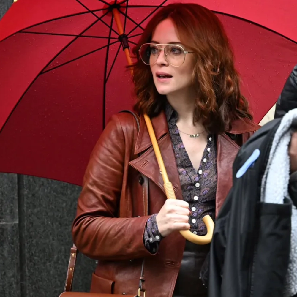 Claire foy brown leather coat