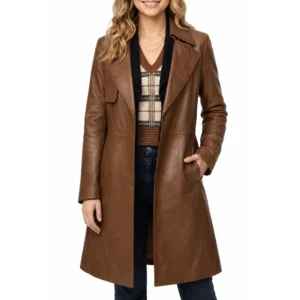 Erin moriarty brown leather coat