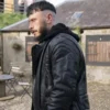 Half man padded black leather jacket