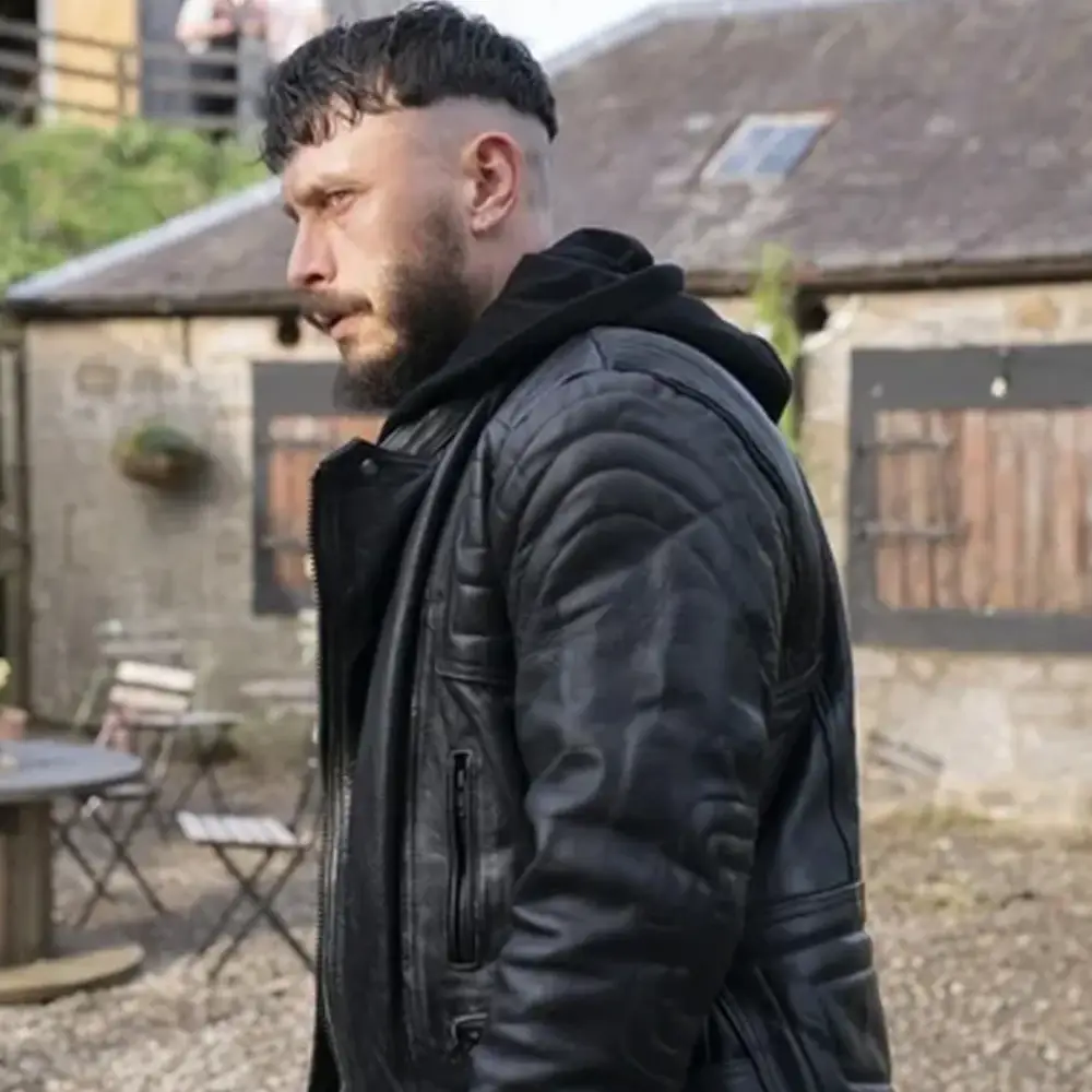 Half man padded black leather jacket
