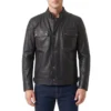 In the grey black leather jacket