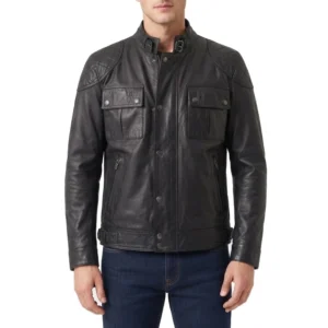 In the grey black leather jacket