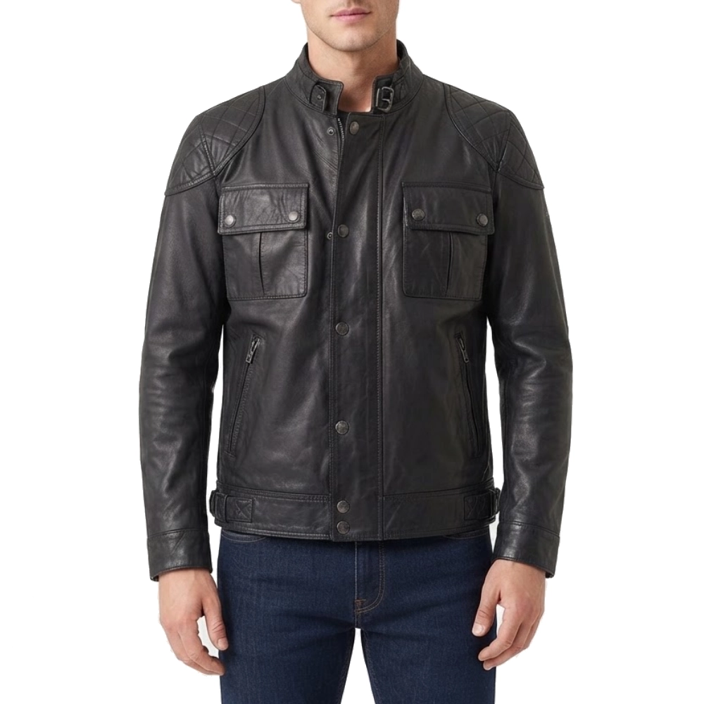 In the grey black leather jacket