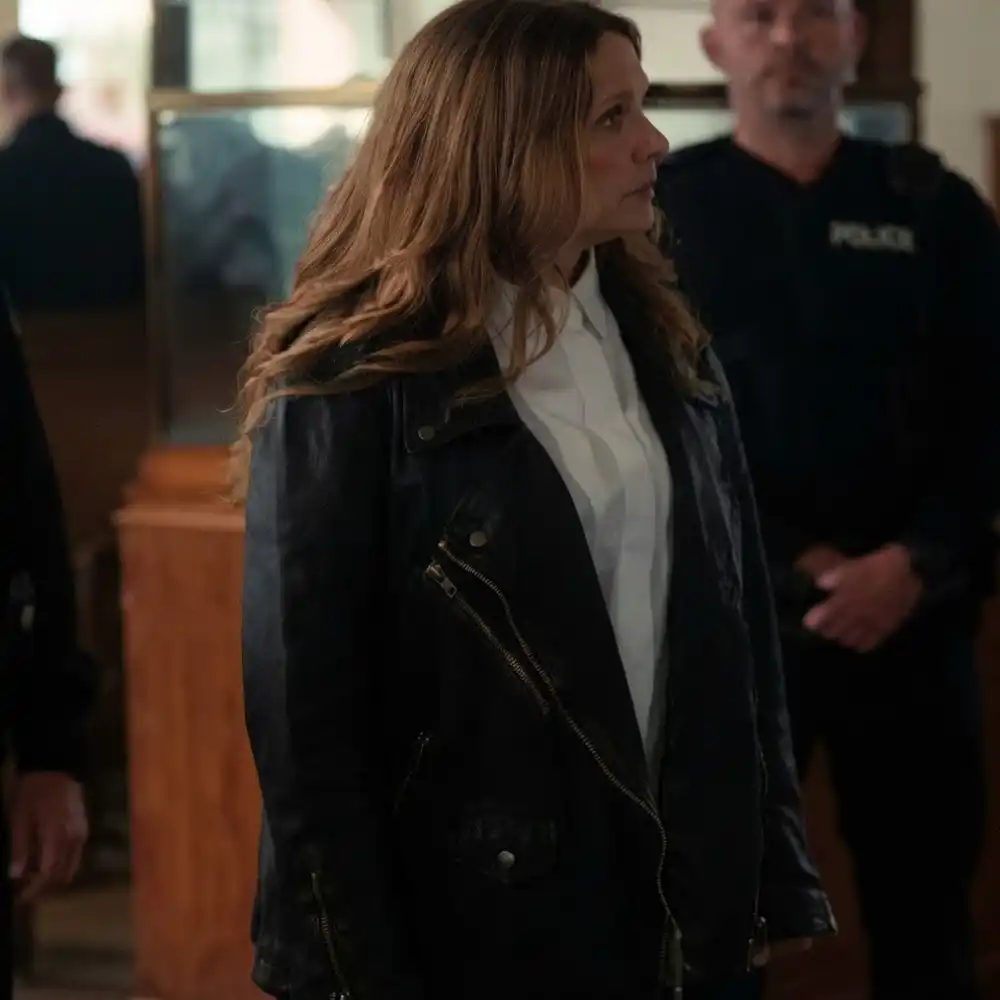 Jessica hynes black leather jacket