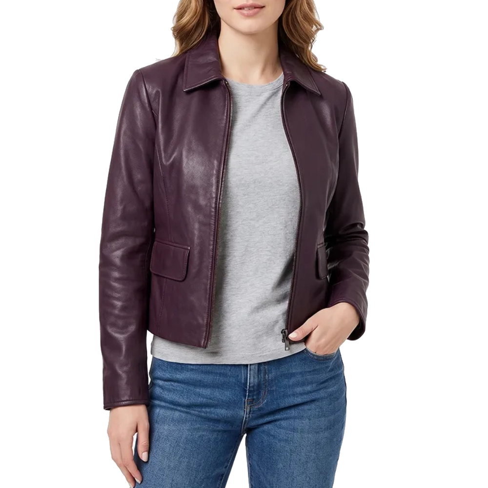 Tracy spiridakos purple leather jacket