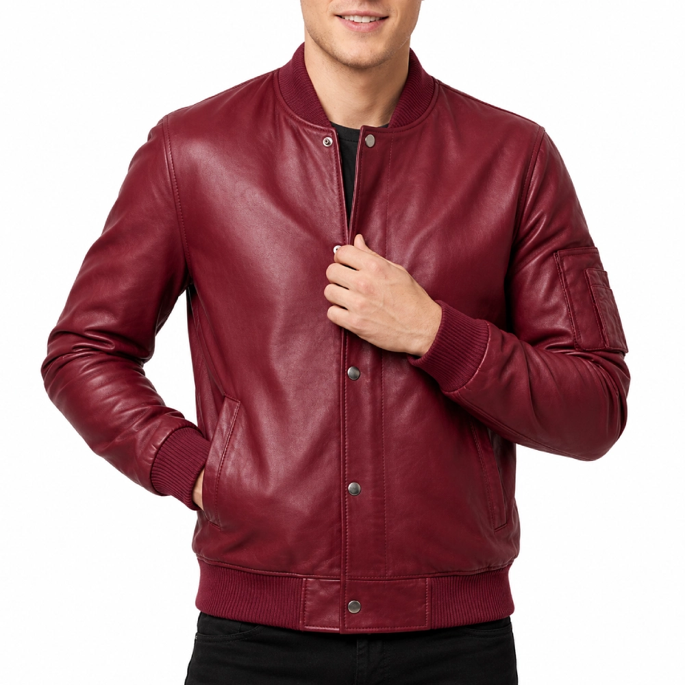 Wolf burgundy bomber leather jacket